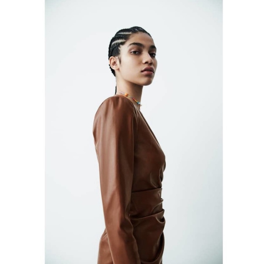 Zara Faux Leather Surplice Brown Long Sleeve Mini Dress Size S - Picture 2 of 8
